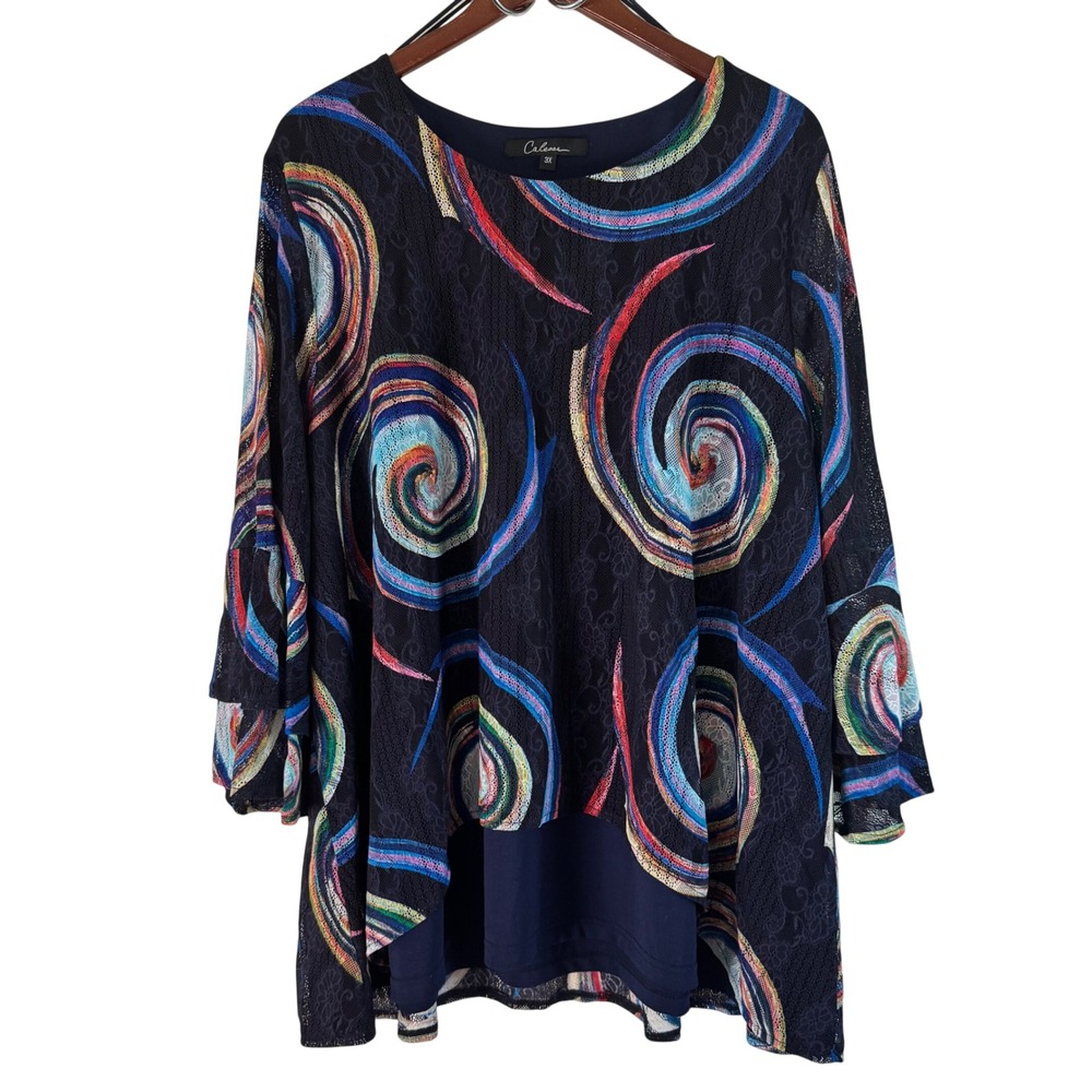Caleesa Colorful Swirl Print Tunic Top Bell Sleeve Blouse 3X